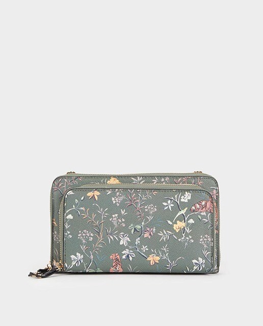 Cartera de mujer Parfois en kaki con estampado floral Cartera de mujer Parfois en kaki con estampado floral
