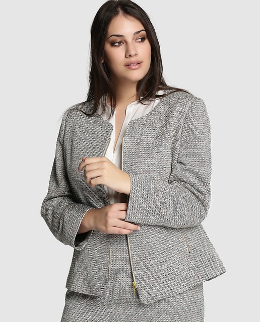 Chaqueta tweed de mujer talla grande Talla y Moda con cremallera