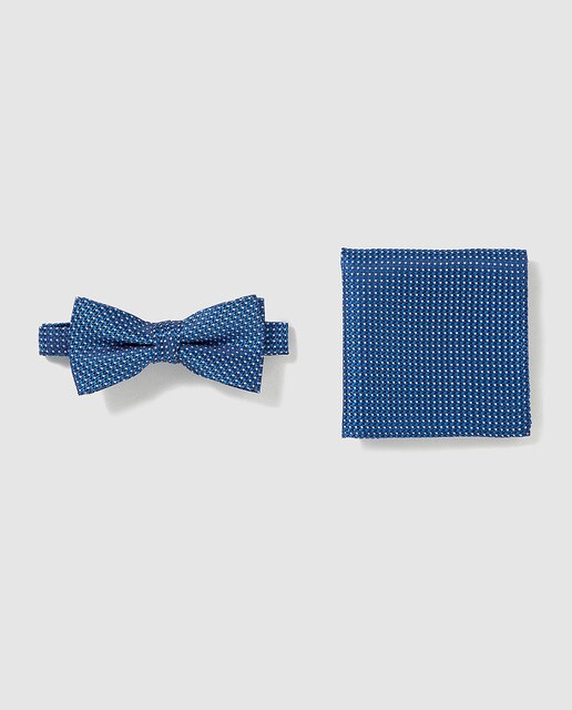 Conjunto de laço e lenço jacquard azul com micro estampado