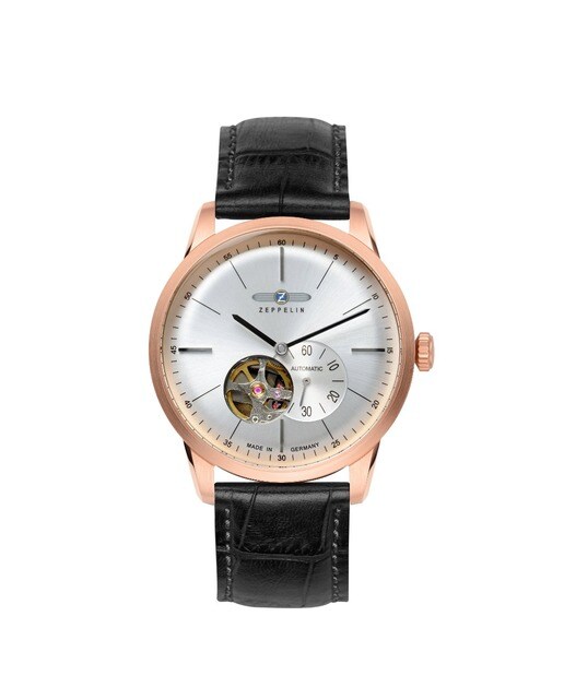 Relógio Zeppelin Flatline Caixa Rose Gold, Bracelete Pele - Preto