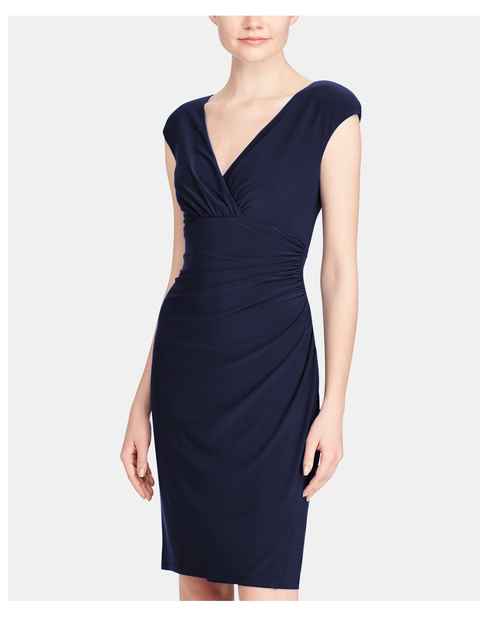 Lauren Ralph Lauren women's pleated dress with crossover neckline, Navy blue. thumbnail