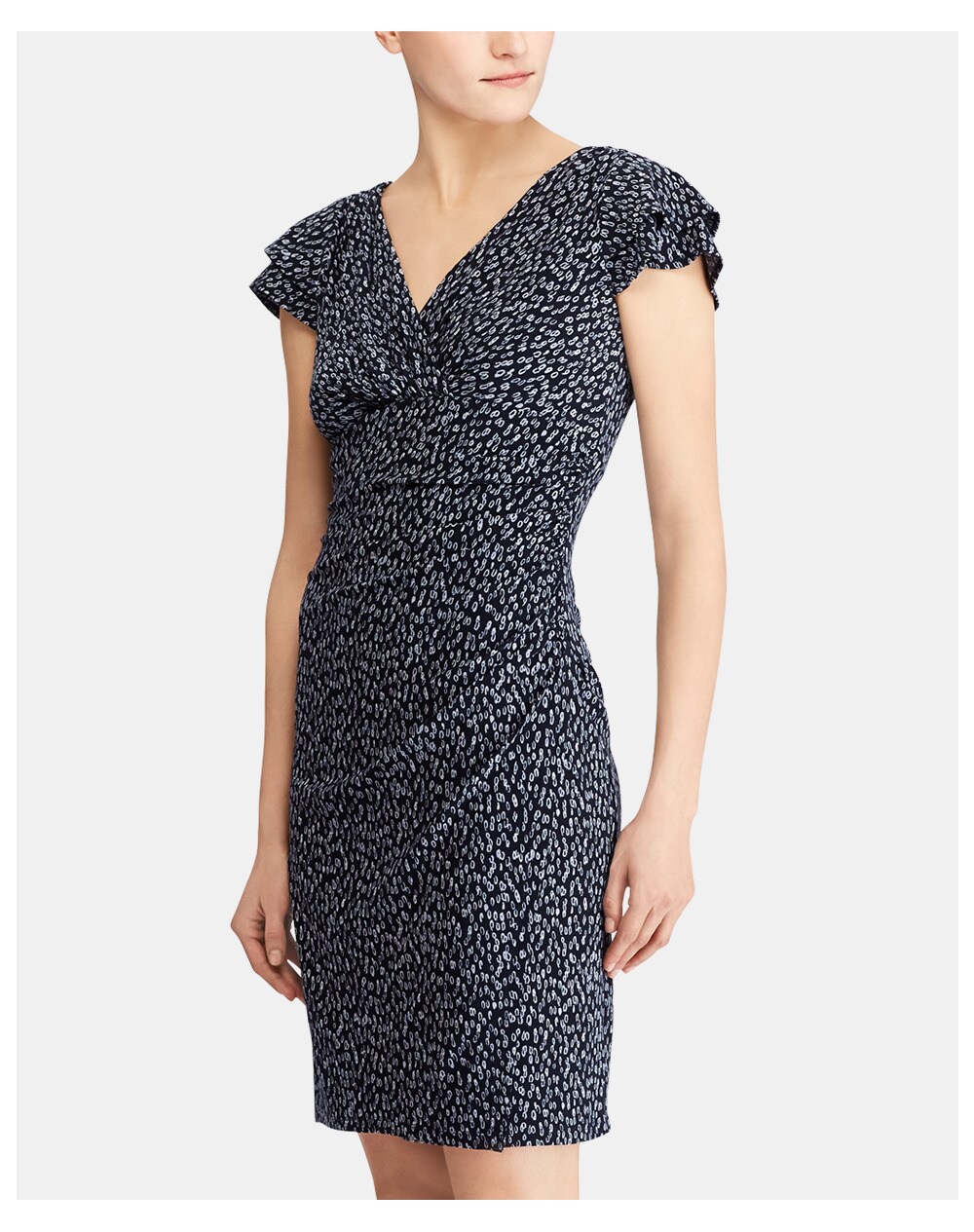 Lauren Ralph Lauren women's wrap neck dress with frill, Navy blue. thumbnail