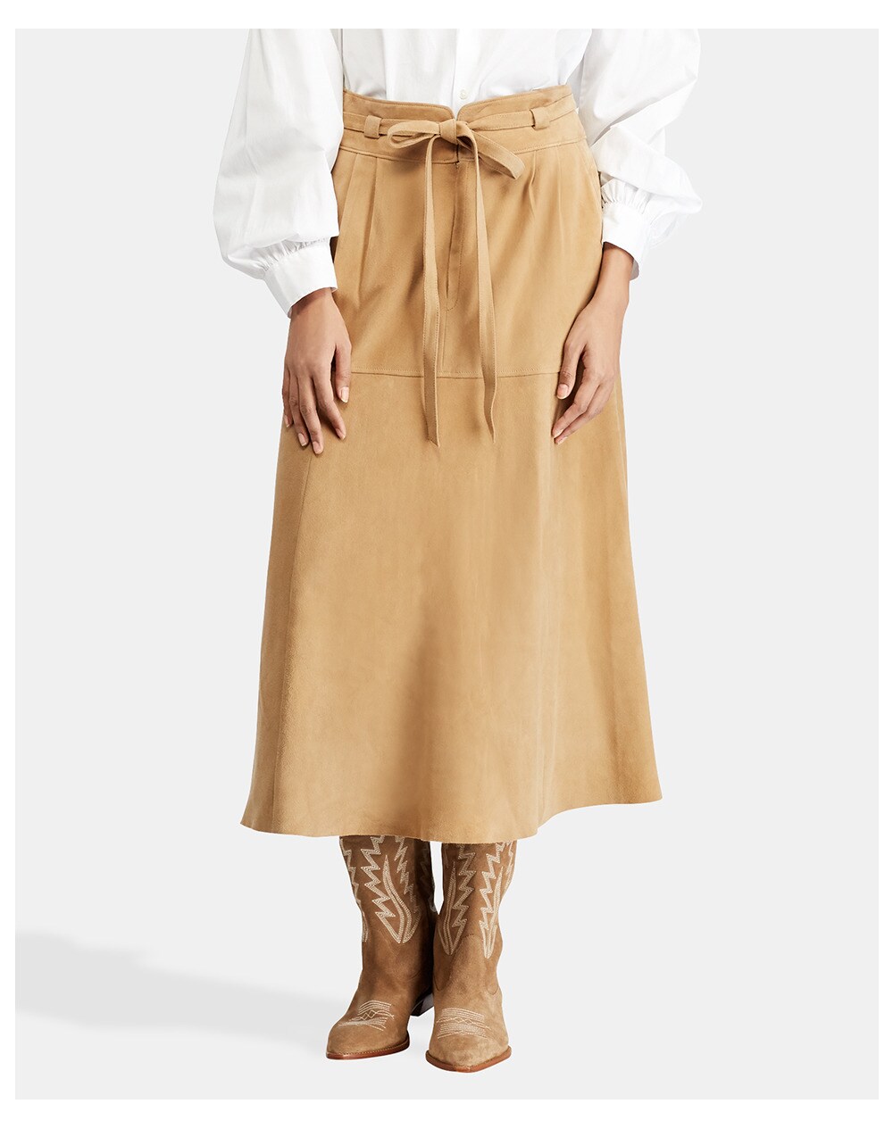 Polo Ralph Lauren women's leather midi skirt, Light brown. thumbnail