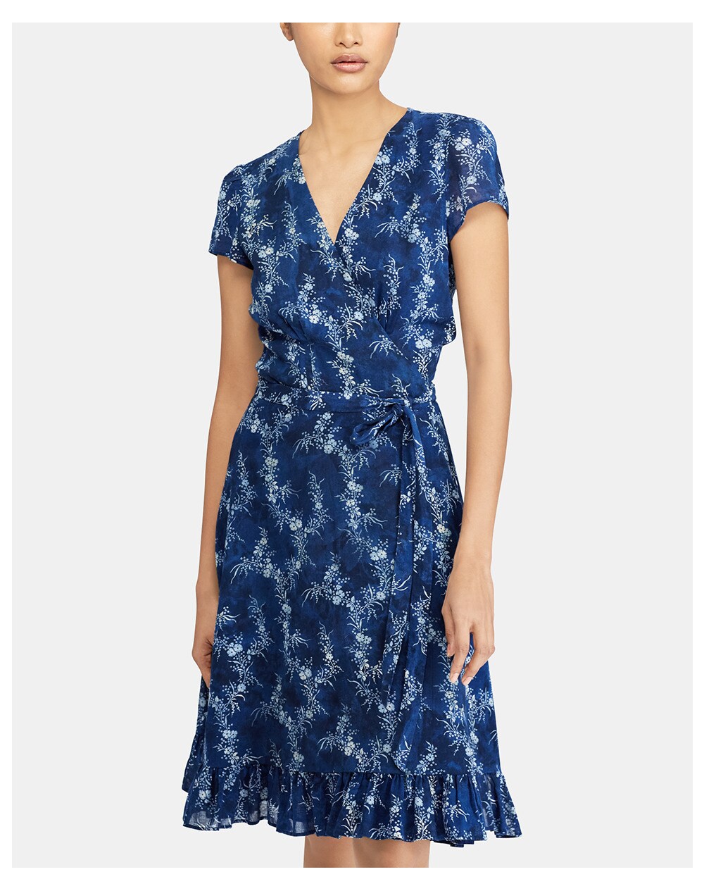 Polo Ralph Lauren women's wrap neck dress with frill, Blue. thumbnail