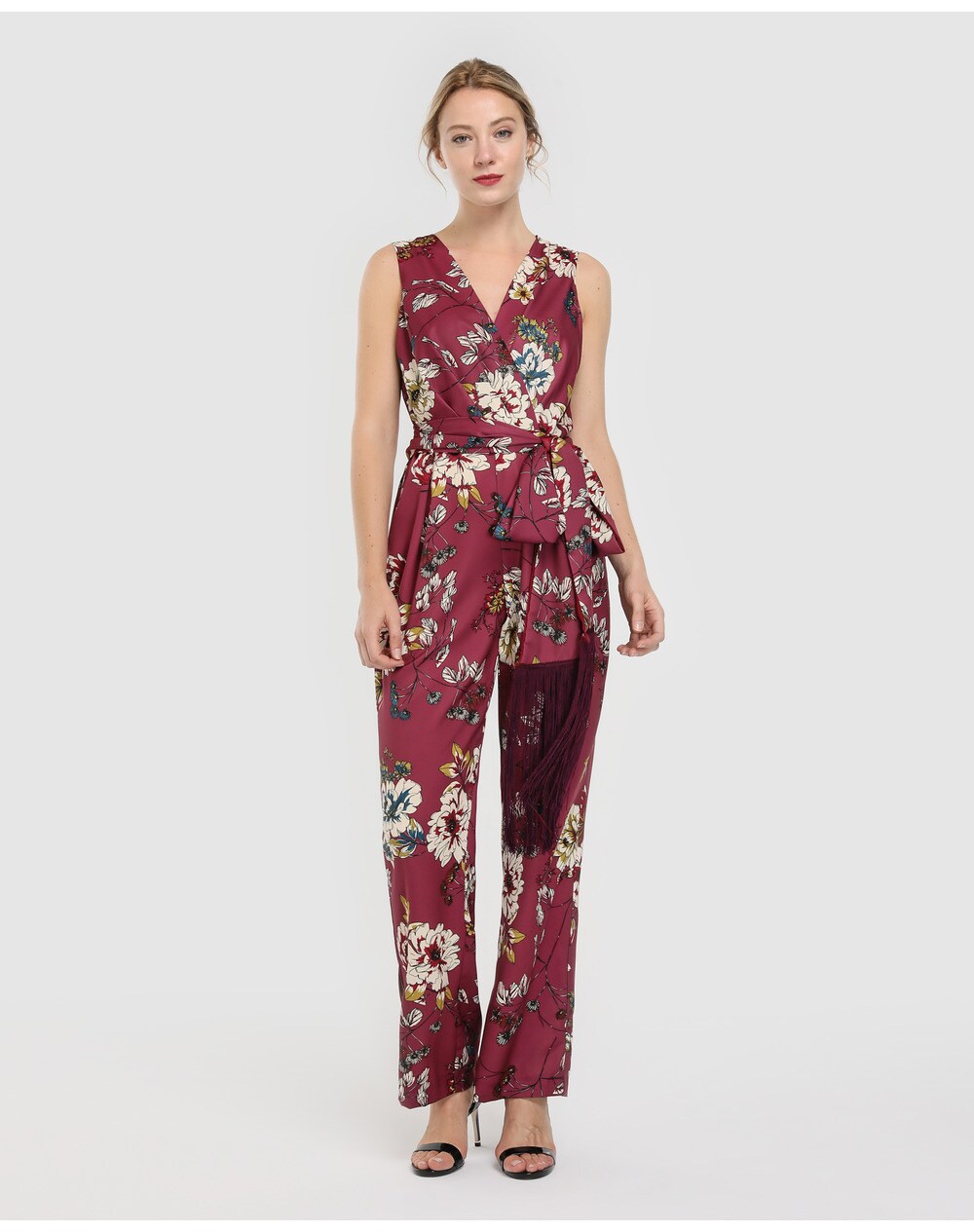 El Corte Inglés Fiesta women's long floral print jumpsuit, Maroon. thumbnail