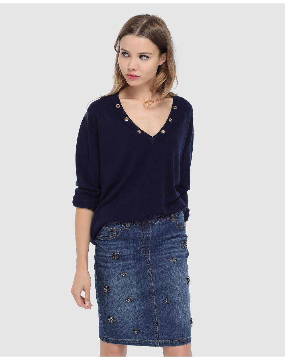 Elogy women's denim skirt with rhinestone appliqués, Navy blue. thumbnail
