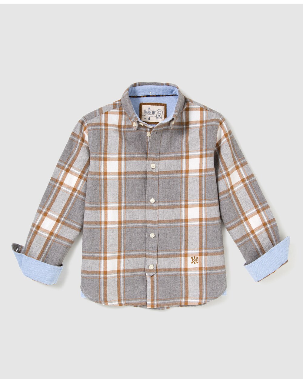 Bass 10 boys' grey and camel checked shirt, Grey. thumbnail