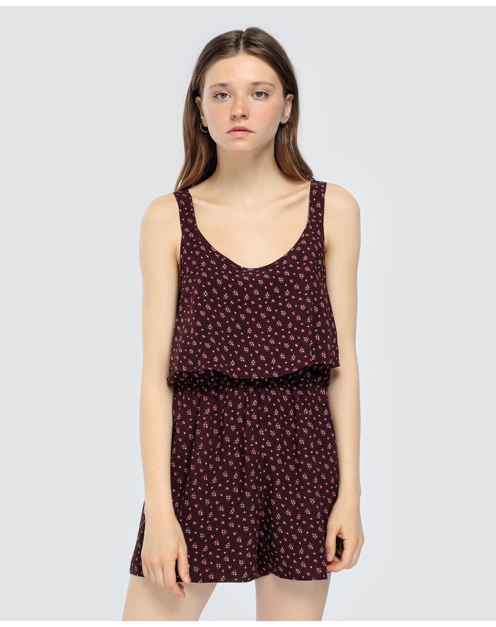 Green Coast women's layered floral jumpsuit, Burgundy. thumbnail
