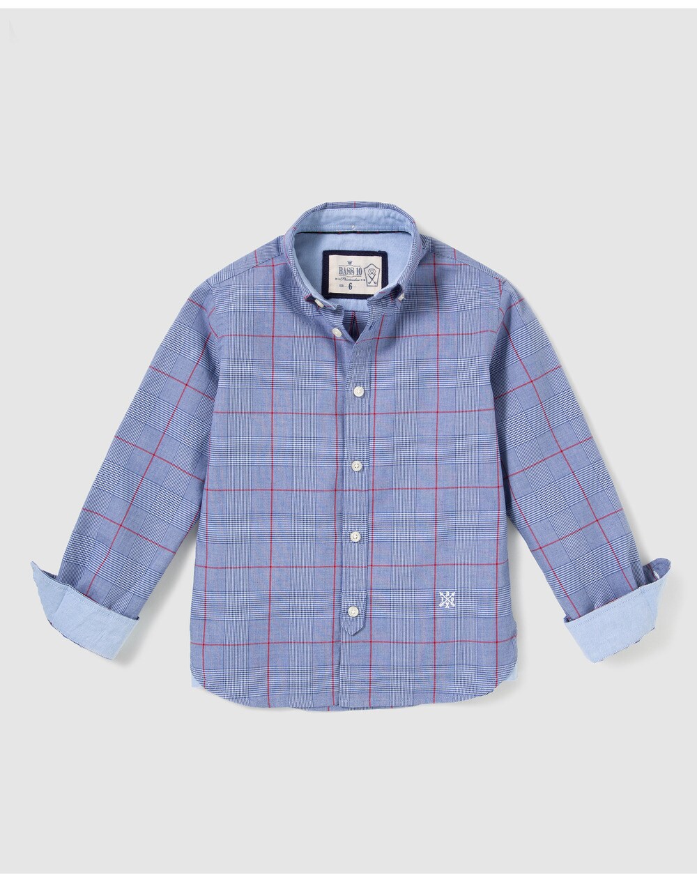 Bass 10 boys' grey and camel checked shirt, Blue. thumbnail