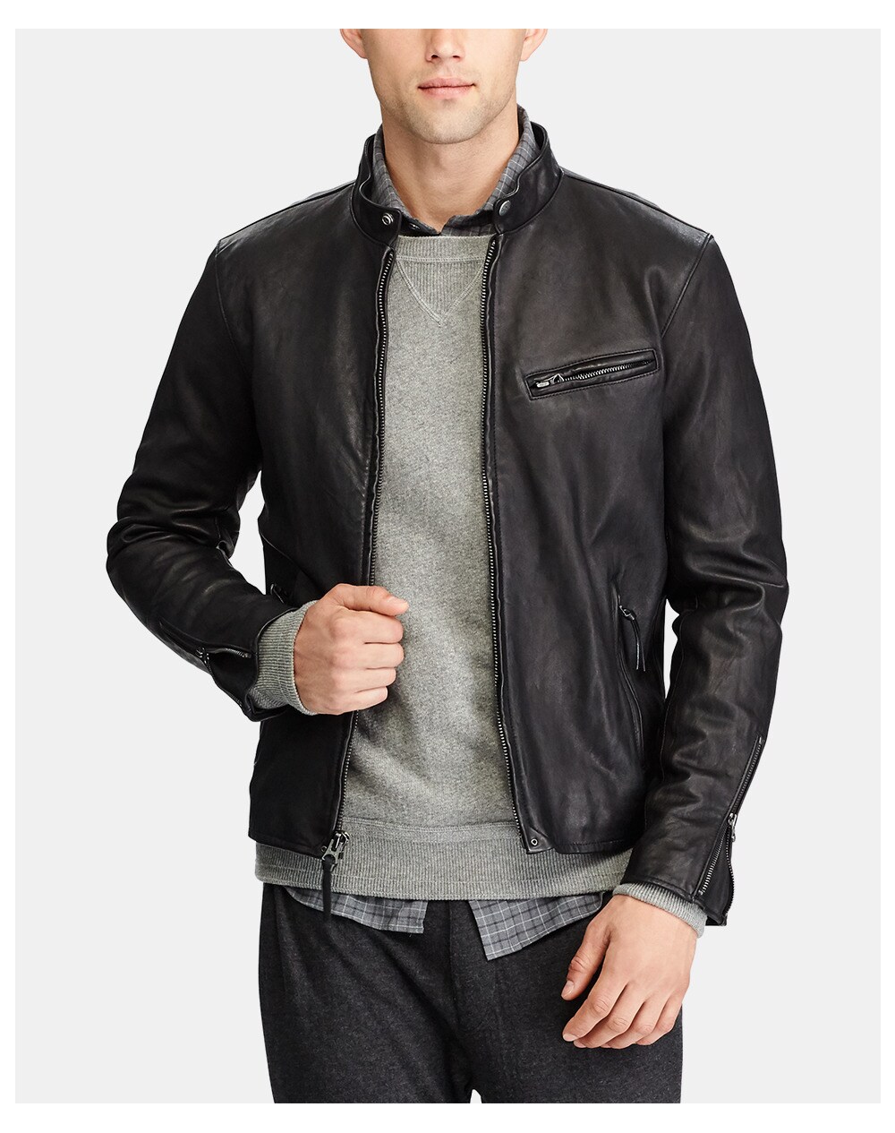 Polo Ralph Lauren men's black leather jacket with three pockets, Black. thumbnail