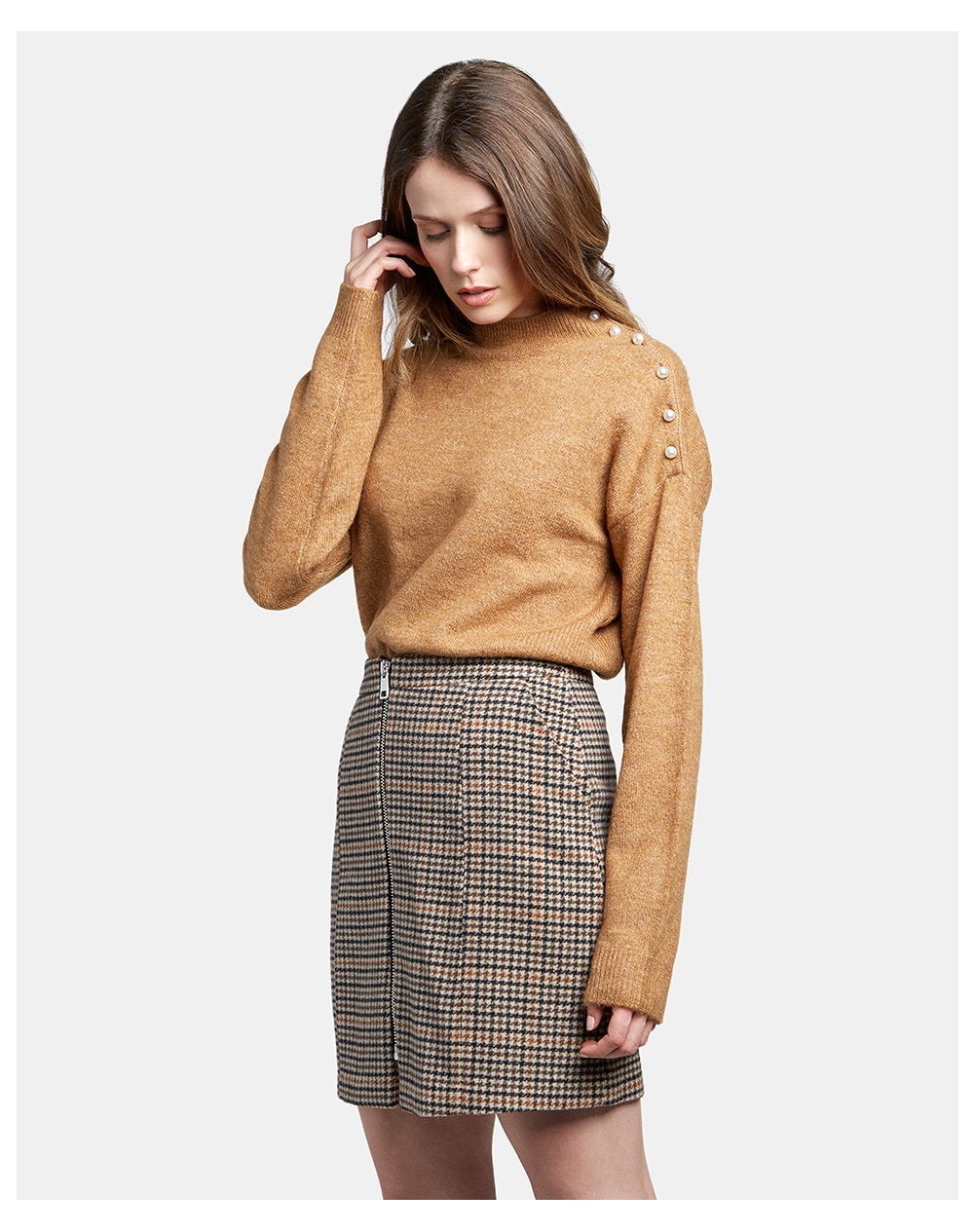 Vero Moda women's hound's-tooth check skirt with zip, Multicoloured. thumbnail