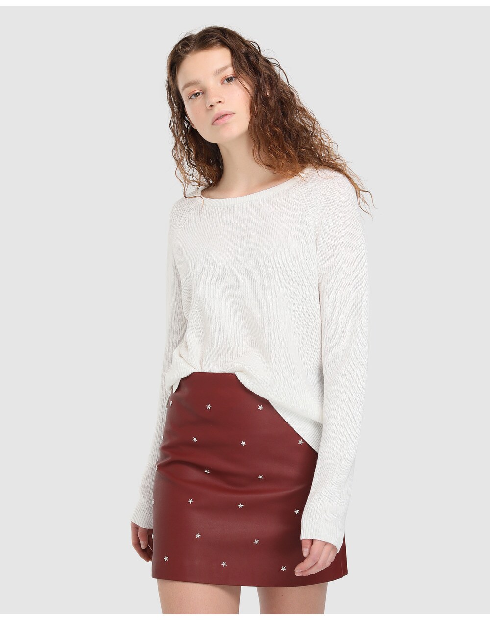 Easy Wear women's faux leather skirt with studs, Burgundy. thumbnail