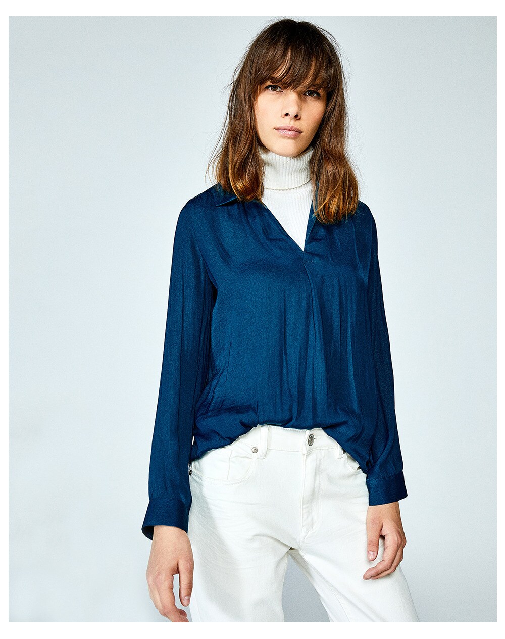 Sfera women's plain blouse with a shirt collar, Blue. thumbnail