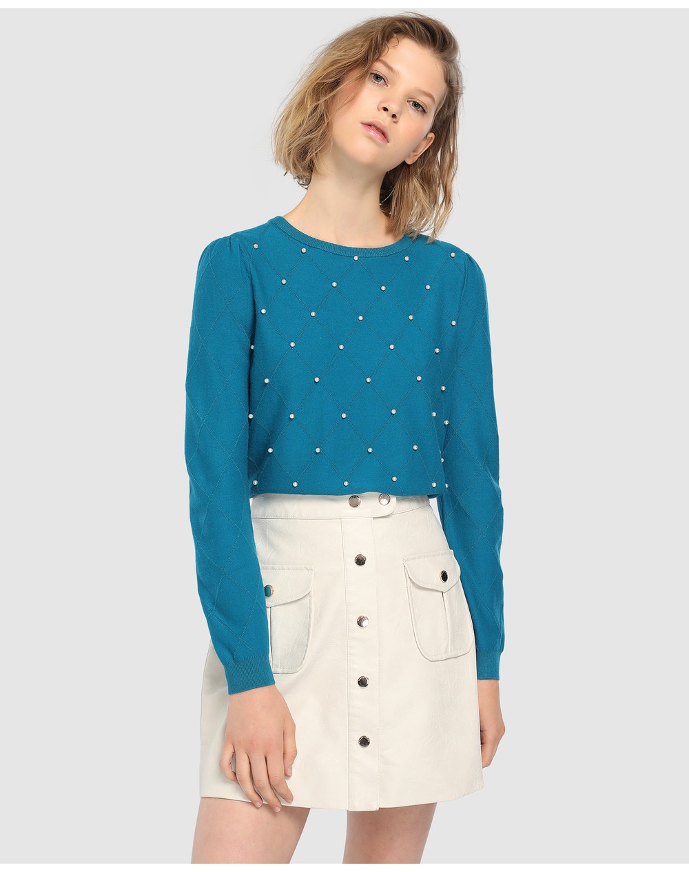 Tintoretto women's faux leather skirt with front buttons, Ecru. thumbnail