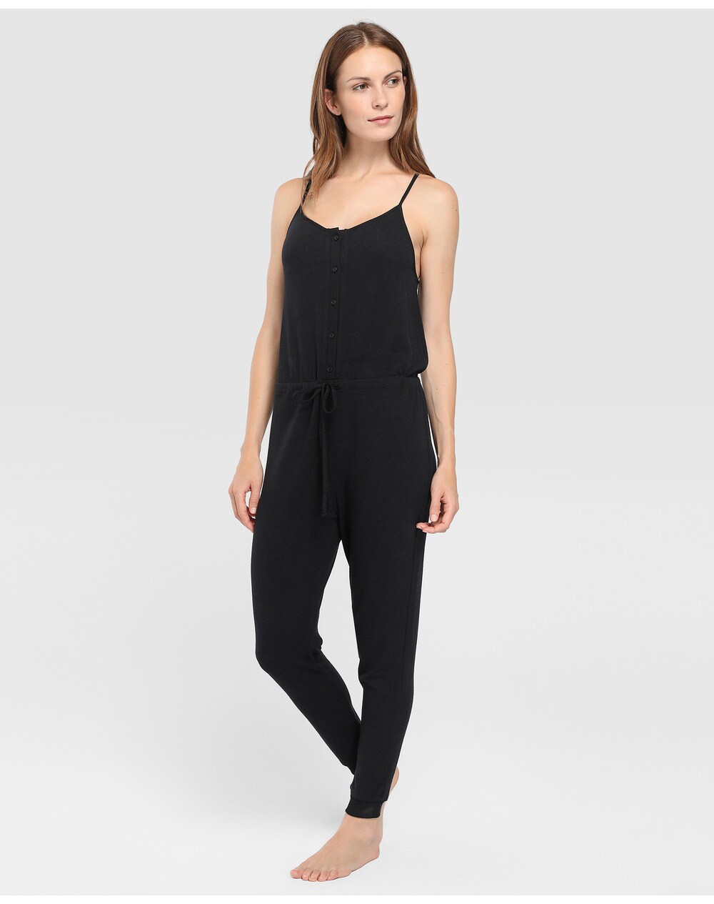 Énfasis women's long home wear jumpsuit with braces, Black. thumbnail