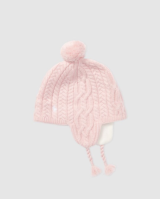 Gorro de malha do cabo de menina Polo Ralph Lauren rosa com orelheiras Gorro de malha do cabo de menina Polo Ralph Lauren rosa com orelheiras