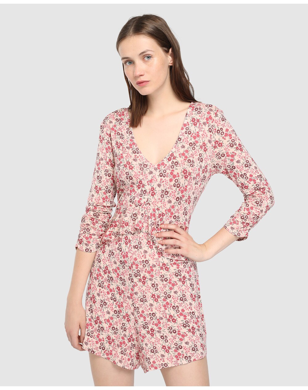 Easy Wear women's floral jumpsuit with frill, Pink. thumbnail