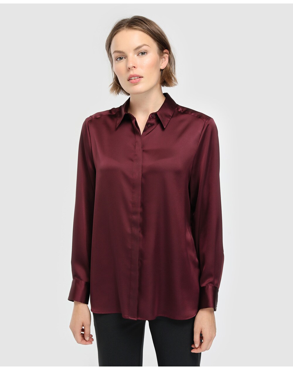 El Corte Inglés Woman women's satin blouse with a shirt collar, Maroon. thumbnail