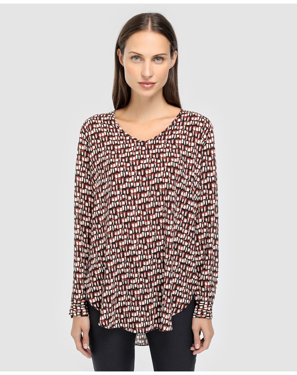 El Corte Inglés Woman women's long sleeve geometric print blouse, Black. thumbnail