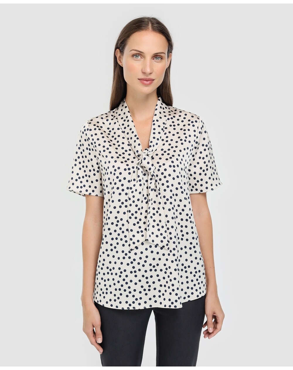 El Corte Inglés Woman women's polka dot print blouse with tie at neckline, White. thumbnail