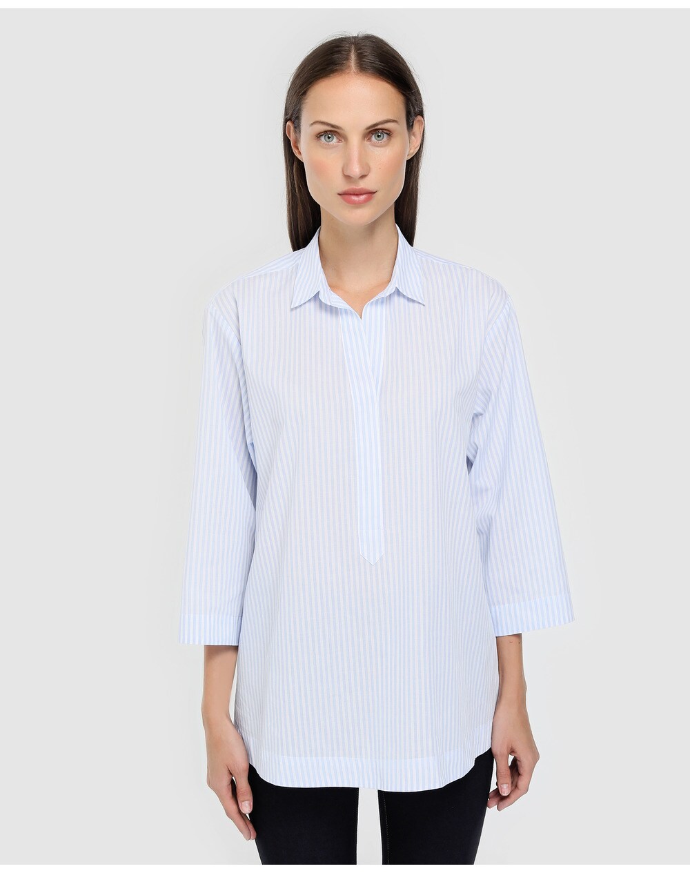 El Corte Inglés Woman Essentials women's striped blouse with a shirt collar, Blue. thumbnail