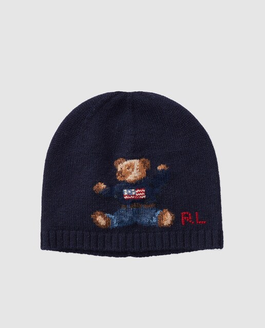 Gorro de menino Polo Ralph Lauren azul-marinho com urso Gorro de menino Polo Ralph Lauren azul-marinho com urso