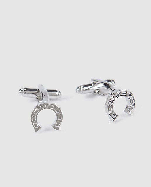 Botões de punho metálicos prateados com motivo de ferradura