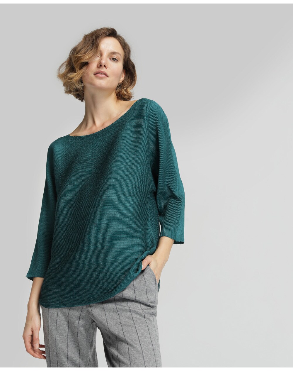 El Corte Inglés Woman Limited women's pleated boat neck blouse, Dark green. thumbnail