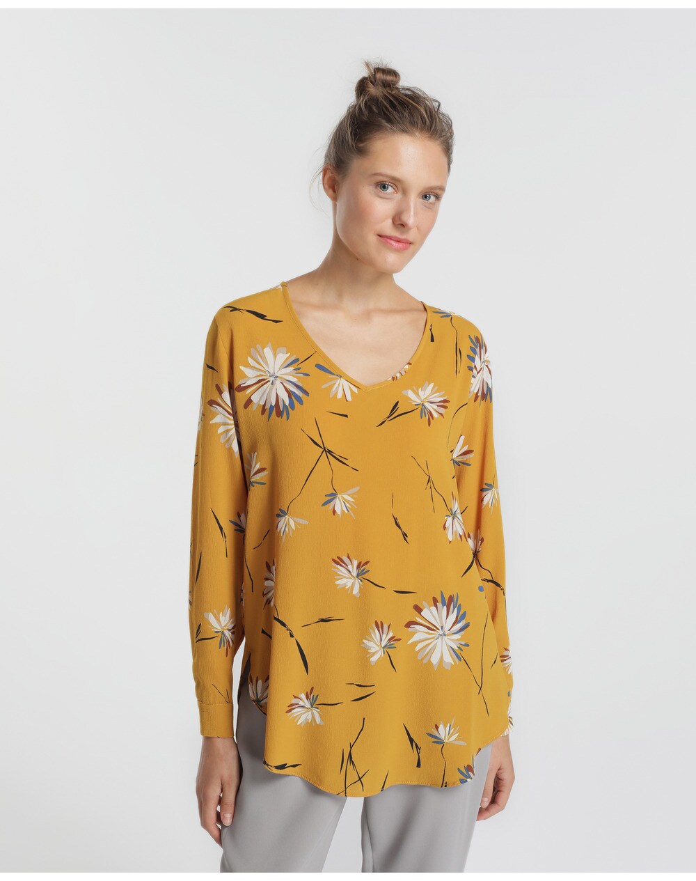El Corte Inglés Woman women's long sleeve floral print blouse, Mustard. thumbnail