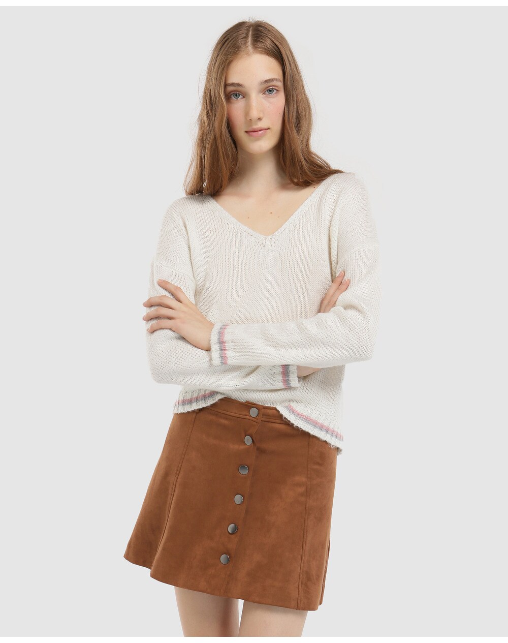 Green Coast women's faux suede skirt with buttons, Camel. thumbnail