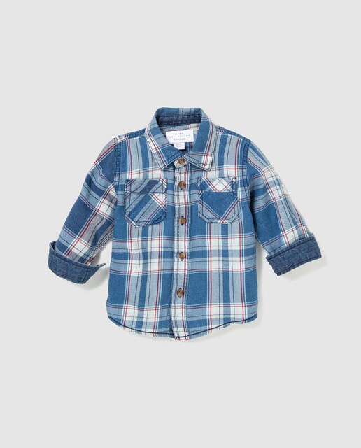 Camisa de bebé menino Brotes aos quadrados em azul Camisa de bebé menino Brotes aos quadrados em azul