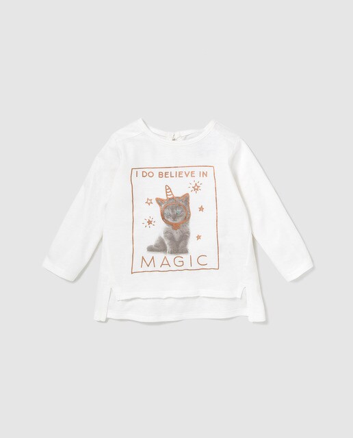 T-shirt de bebé menina Brotes branca com gato T-shirt de bebé menina Brotes branca com gato