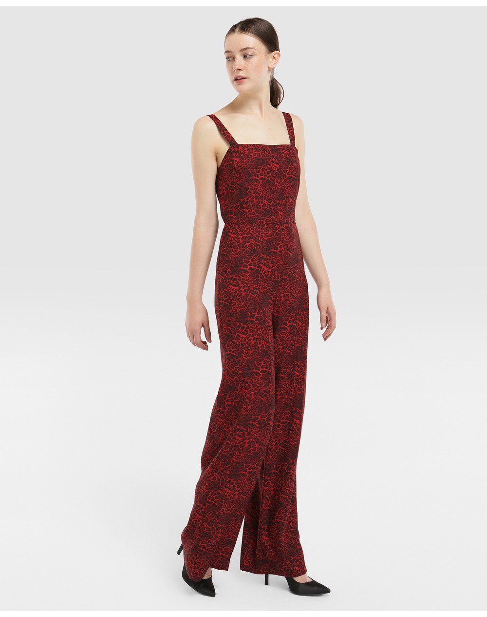 Fórmula Joven women's long jumpsuit with red leopard print, Red. thumbnail