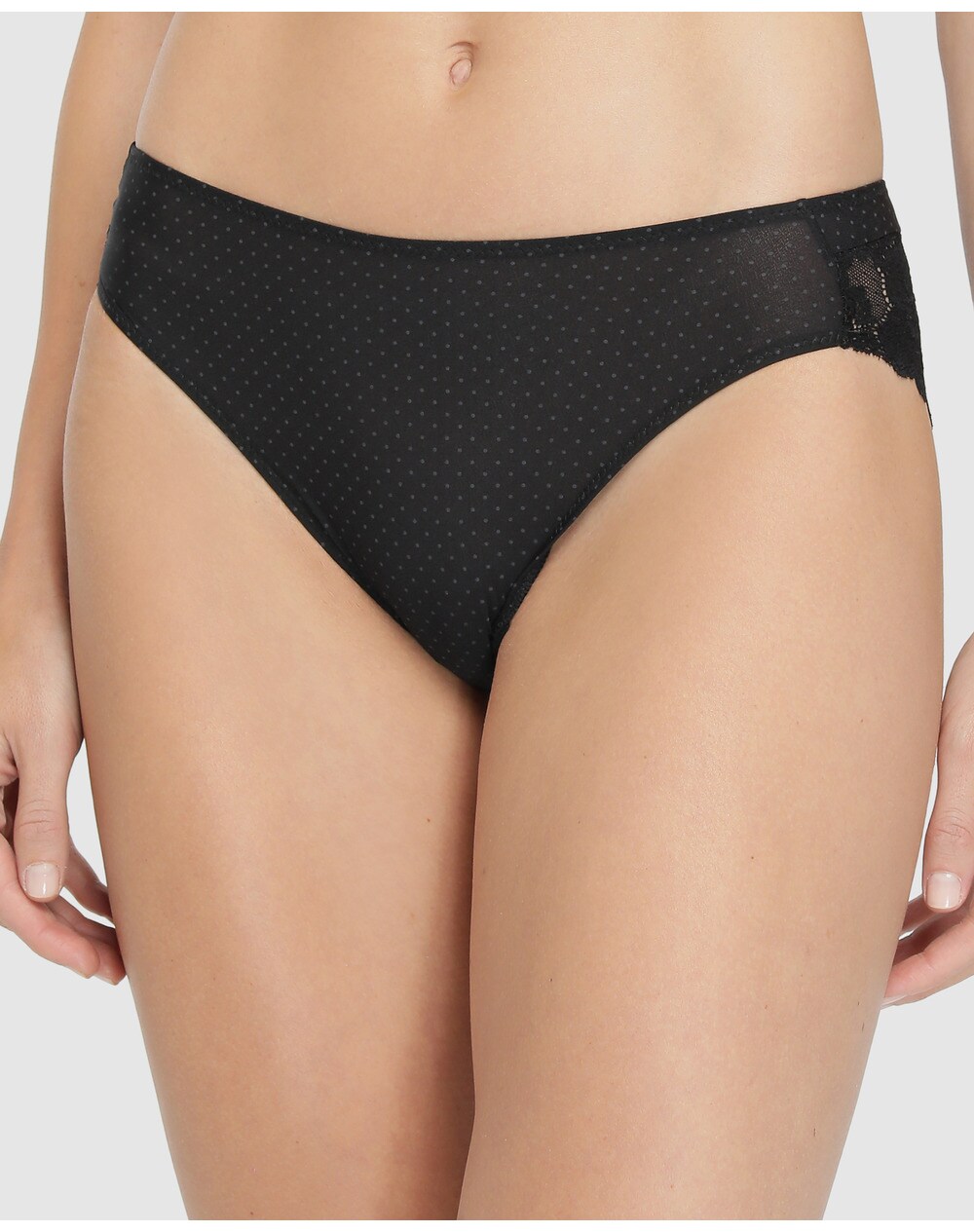 Pecado Original polka dot print bikini briefs with lace, Black. thumbnail