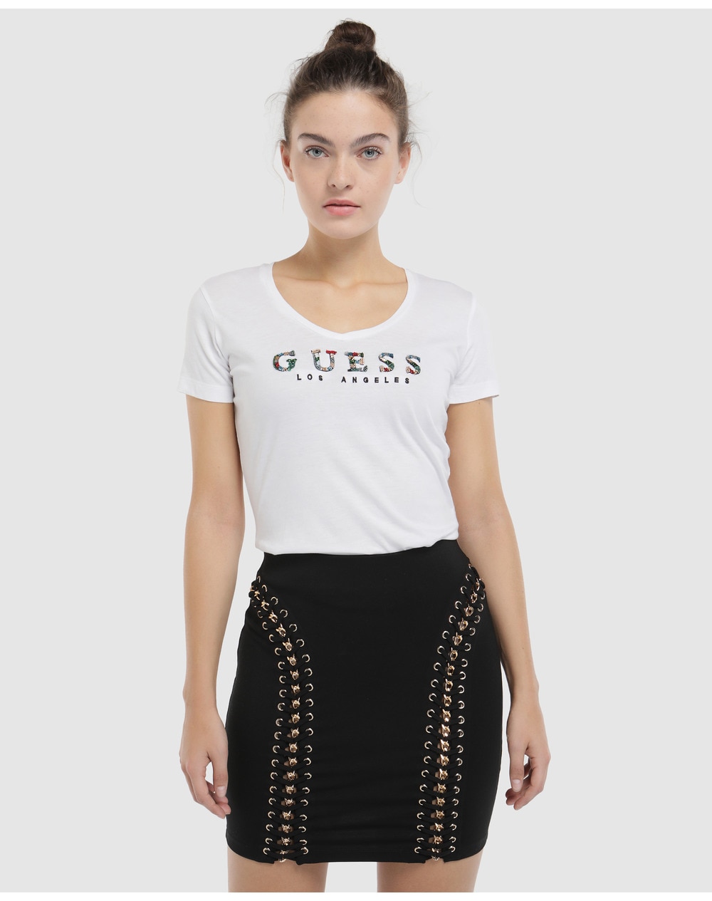 Guess women's skirt with lace-up ties and metallic appliqués, Black. thumbnail