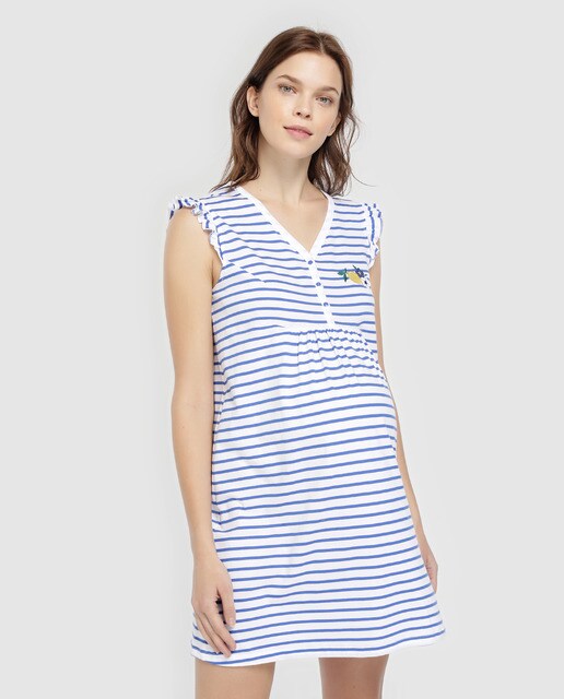 Camisa de dormir curta Lazo Premamá às riscas com folho