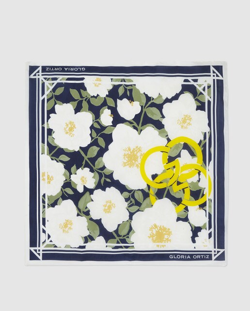 Lenço de seda Gloria Ortiz azul-marinho com estampado floral
