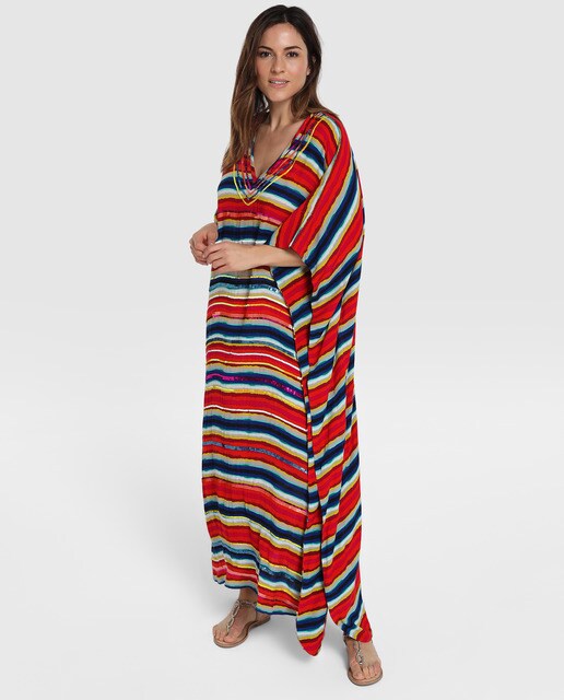 Kaftan comprido para casa às riscas com lantejoulas Kaftan comprido para casa às riscas com lantejoulas