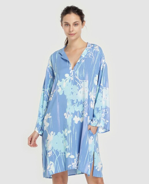 Kaftan curto para casa em seda artificial Challis azul Kaftan curto para casa em seda artificial Challis azul