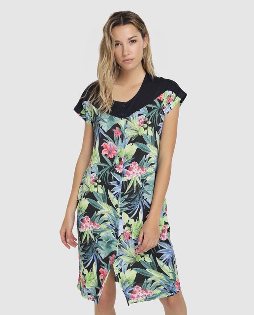 Vestido de casa de mulher com manga curta e decote redondo estampado verde Vestido de casa de mulher com manga curta e decote redondo estampado verde