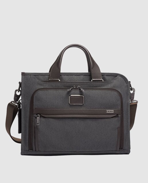 Porta-documentos de homem Tumi Deluxe cinzenta com pormenores em contraste e fecho de correr Porta-documentos de homem Tumi Deluxe cinzenta com pormenores em contraste e fecho de correr