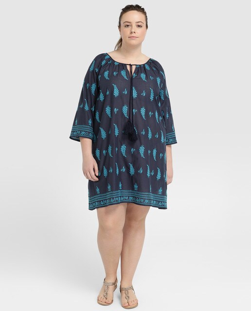 Kaftan Verango Plus azul com bordados Kaftan Verango Plus azul com bordados