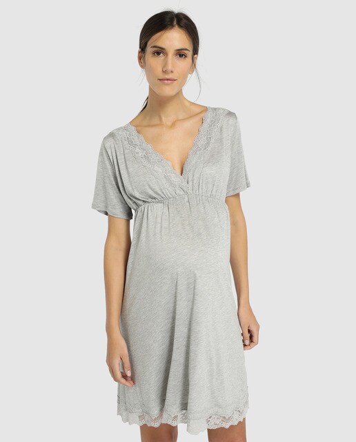 Camisa de dormir Lazo Premamá cinzenta com renda