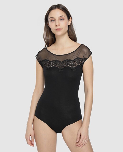 Body Michelle preto com tule bordado