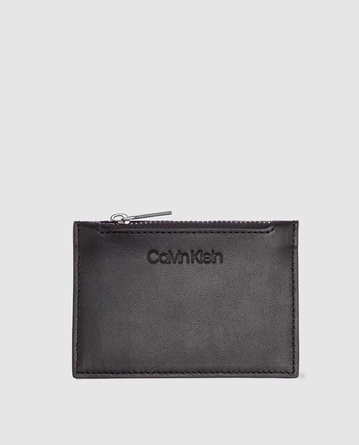 Porta-cartões de homem Calvin Klein em pele preto com bolso de fecho de correr Porta-cartões de homem Calvin Klein em pele preto com bolso de fecho de correr