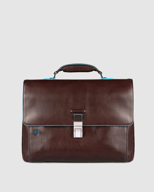 Mala de homem Piquadro em pele castanha com aba e pregadeira Mala de homem Piquadro em pele castanha com aba e pregadeira