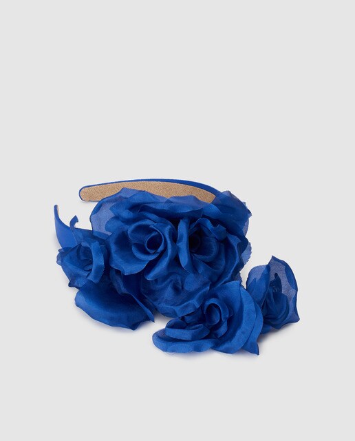 Toucado de bandolete Dmaniq de seda azul com flores Toucado de bandolete Dmaniq de seda azul com flores