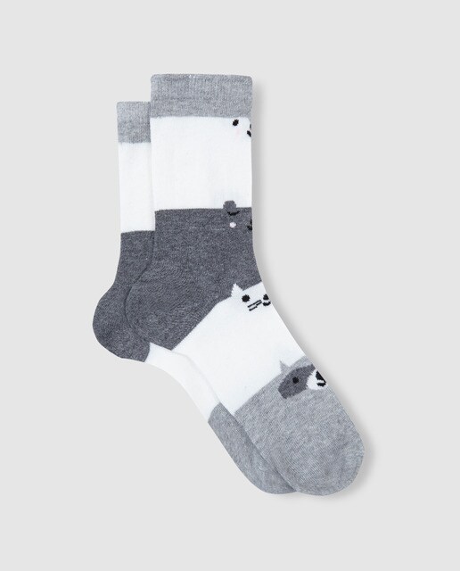 Calcetines infantiles Cotton Juice grises con caras de animal Calcetines infantiles Cotton Juice grises con caras de animal