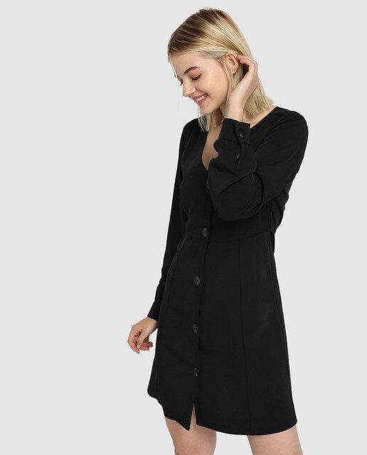 Vestido Easy Wear com botões à frente e decote em bico Vestido Easy Wear com botões à frente e decote em bico