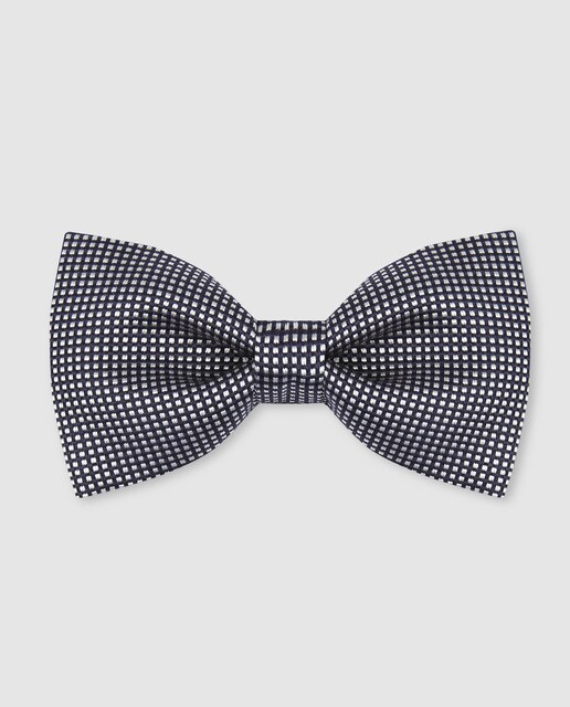 Laço de seda azul-marinho com estampado aos micro quadrados brancos.